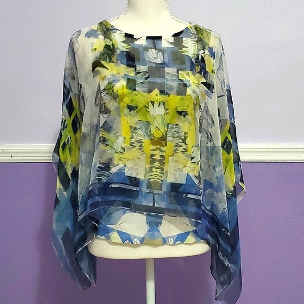 Style & Co. Lime & Blues Boho Aztec Poncho Style Top With Cami MP